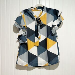 Talkee Geometric Printed Blouse Ruffled Sleeves Size Large